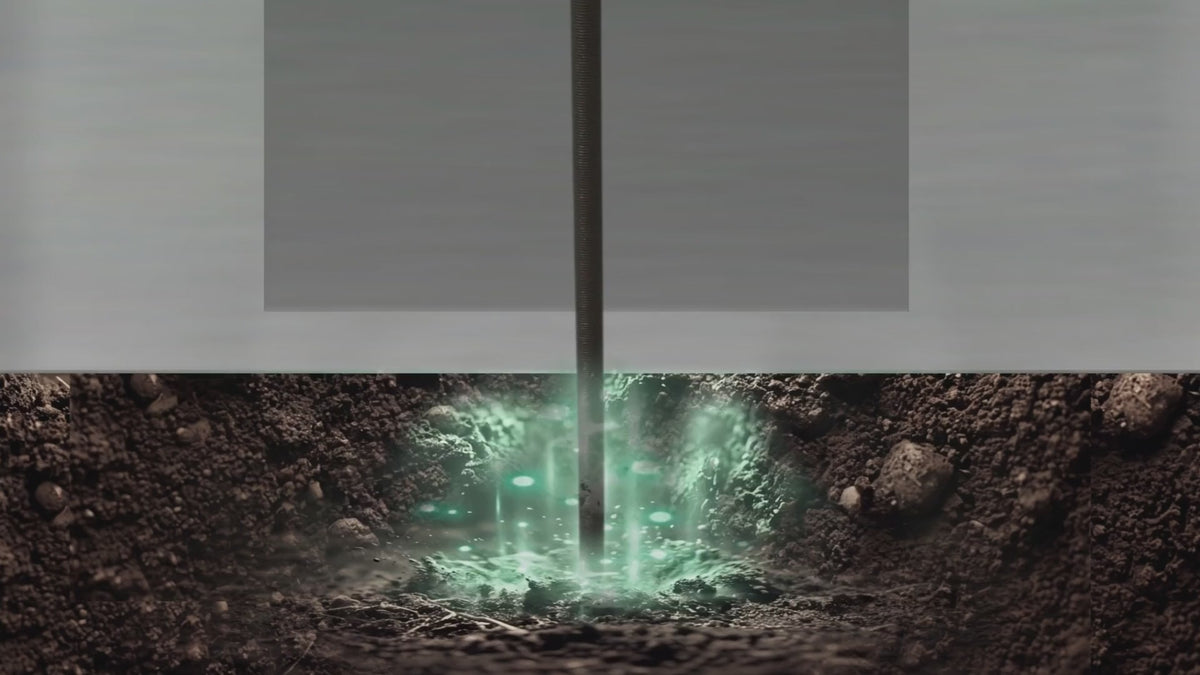 Animation: the earth connection runs from the soil, up through the building's structure, to the wall socket's earth pin, then along the cord to the snap on the Naturalive fitted grounding sheet.
