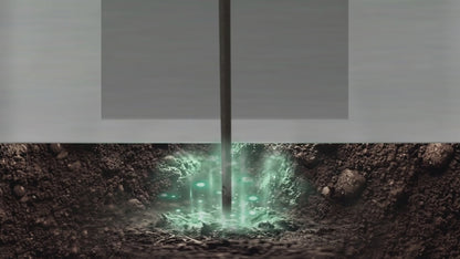 Animation: the earth connection runs from the soil, up through the building's structure, to the wall socket's earth pin, then along the cord to the snap on the Naturalive fitted grounding sheet.