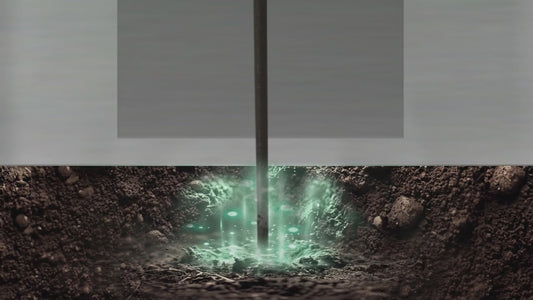 Animation: the earth connection runs from the soil, up through the building's structure, to the wall socket's earth pin, then along the cord to the snap on the Naturalive fitted grounding sheet.